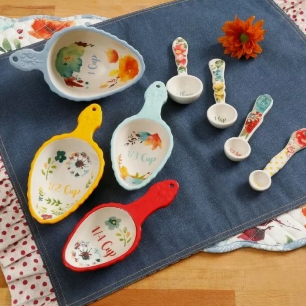 The Pioneer Woman WILLOW Floral Ceramic Measuring Cup Scoops & Spoons 8 pc Set